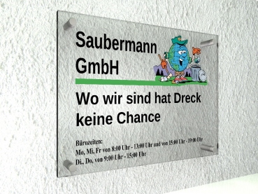 Firmenschild aus Echtglas in den Maßen 400x300mm